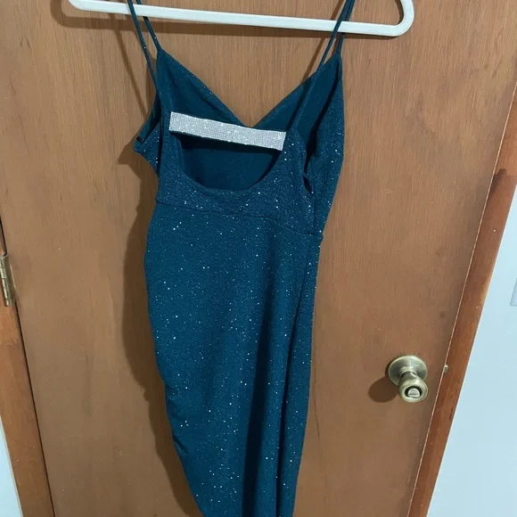 Windsor Teal Sparkle Midi Slip Dress with Side Ruching - Picture 2 of 4